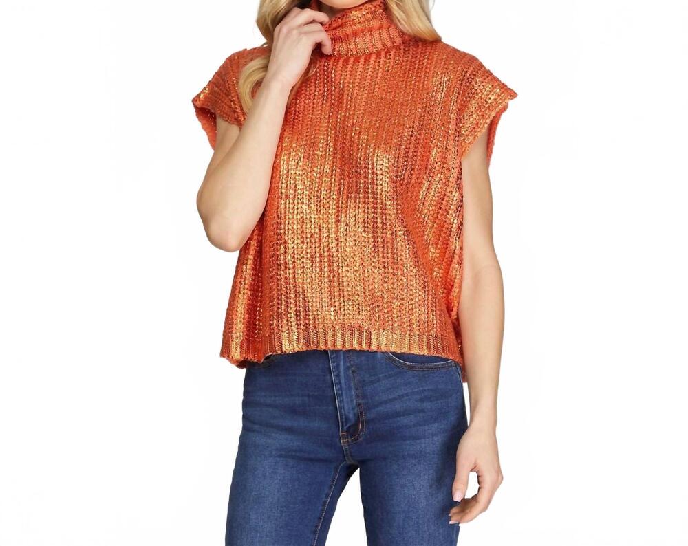 NEW SHE + SKY metallic foil short sleeve sweater top in orange